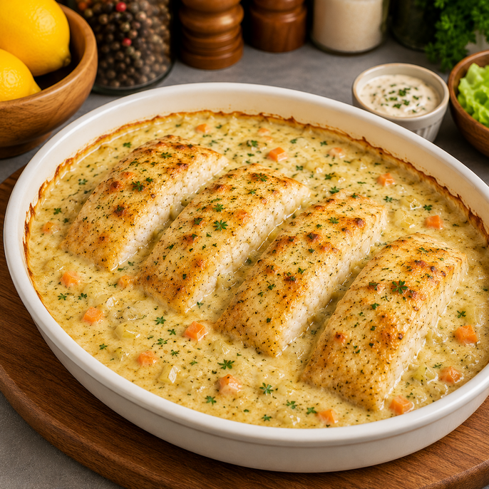 Baked Fish in Curry Bechamel